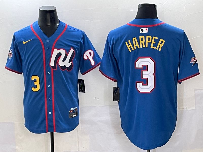 Men 2025 Philadelphia Phillies 3 Harper Blue All star Nike MLB Jersey style 05